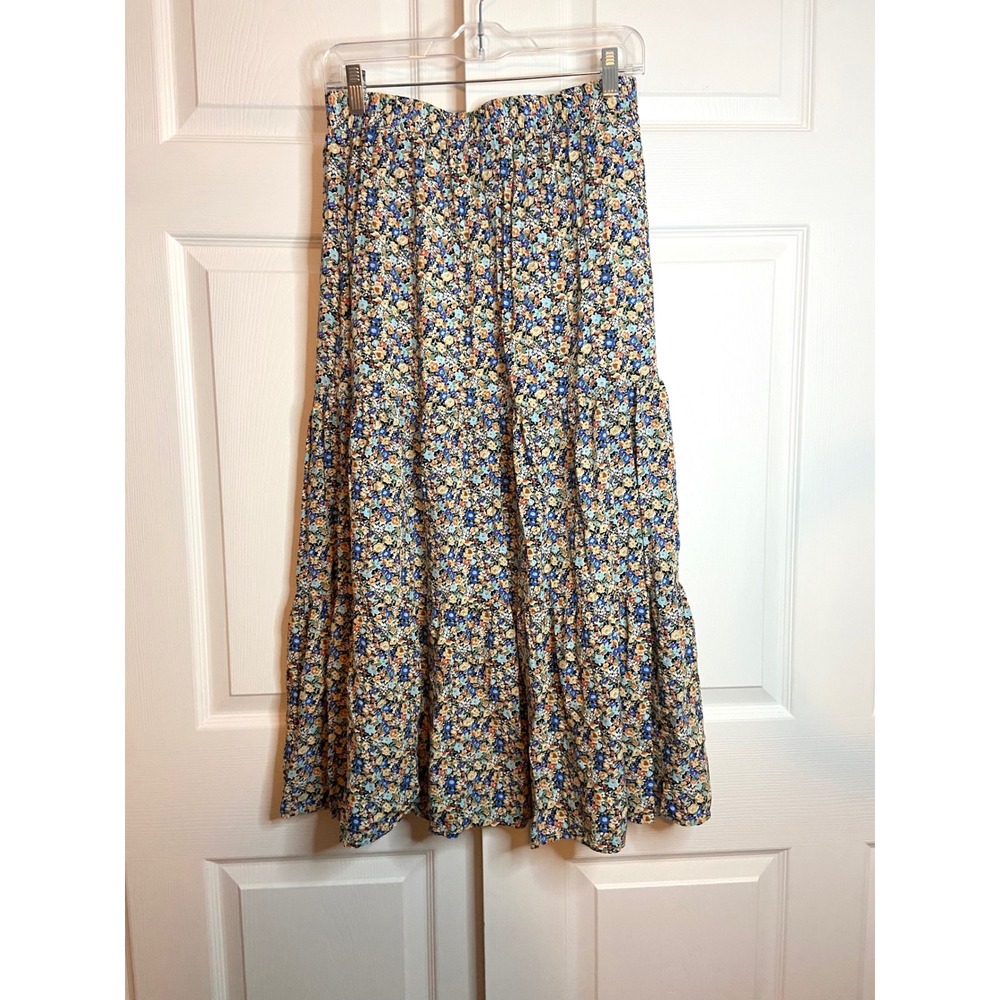 Kirundo Floral Midi Skirt Elastic High Waist Tiered Ditsy Flower Blue Orange M